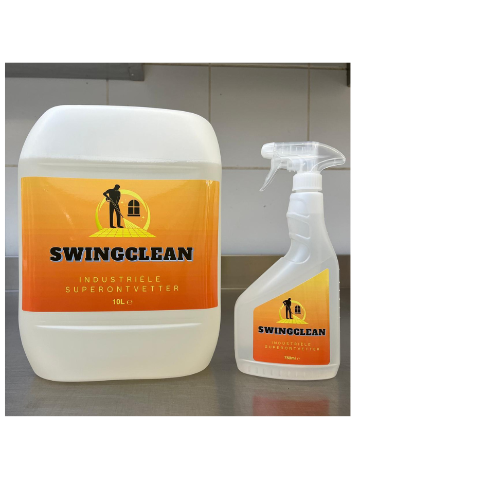 A 10-liter container and a 750ml spray bottle of SWINGCLEAN Industrial Degreaser placed side by side on a counter. Both have orange labels featuring a cleaning icon and the product name.