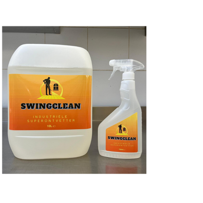 A 10-liter container and a 750ml spray bottle of SWINGCLEAN Industrial Degreaser placed side by side on a counter. Both have orange labels featuring a cleaning icon and the product name.